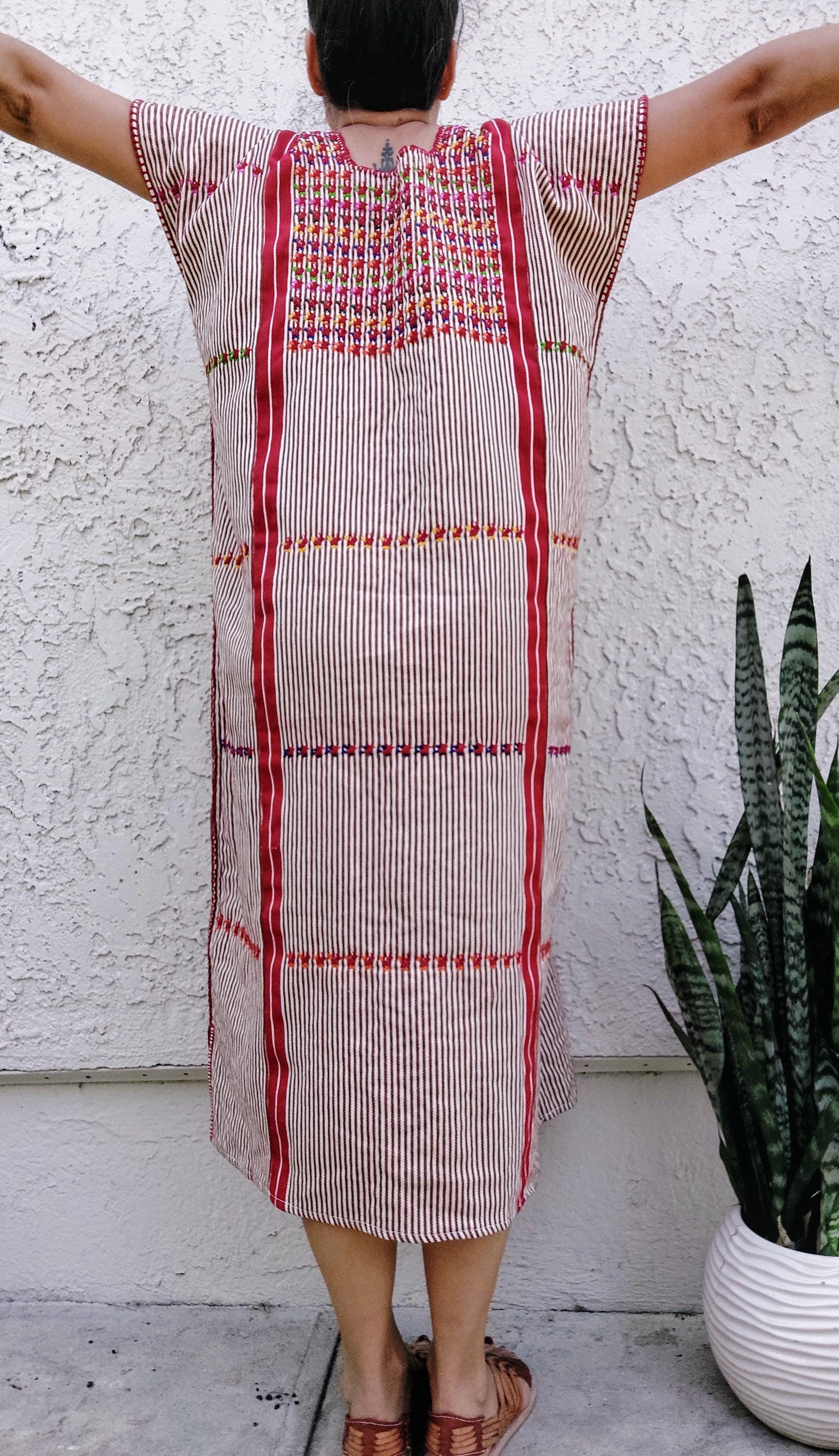 Tacuate Backstrap loom Huipil dress, Oaxacan Embroidery Dress, Mexican Handmade artisian cotton dress.   O/S