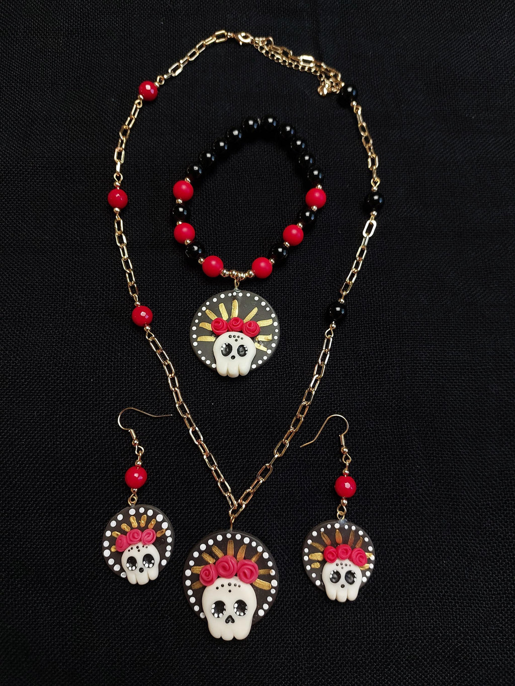 Handmade Cold Porcelain Earrings, Mexican Día de Muertos, Day of the Dead, Sugar skull.
