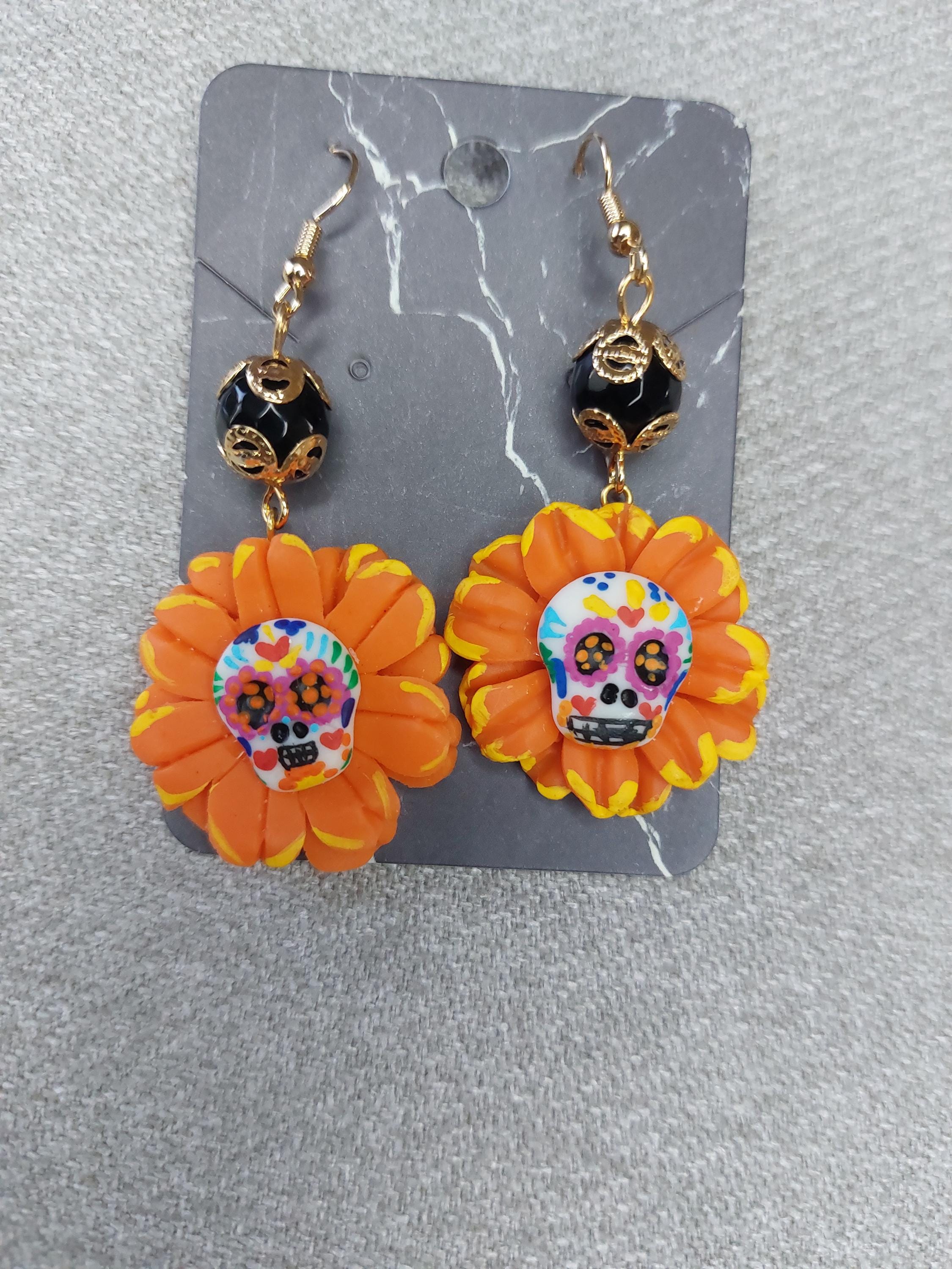 Handmade Cold Porcelain Earrings, Mexican Día de Muertos, Day of the Dead, Sugar skull, Cempasúchil