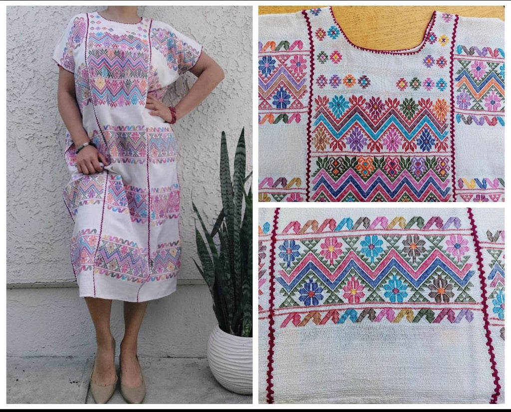 Backstrap loom Huipil, Embroidery Long Mexican dress, Amuzgos, Guerrero.  O/S