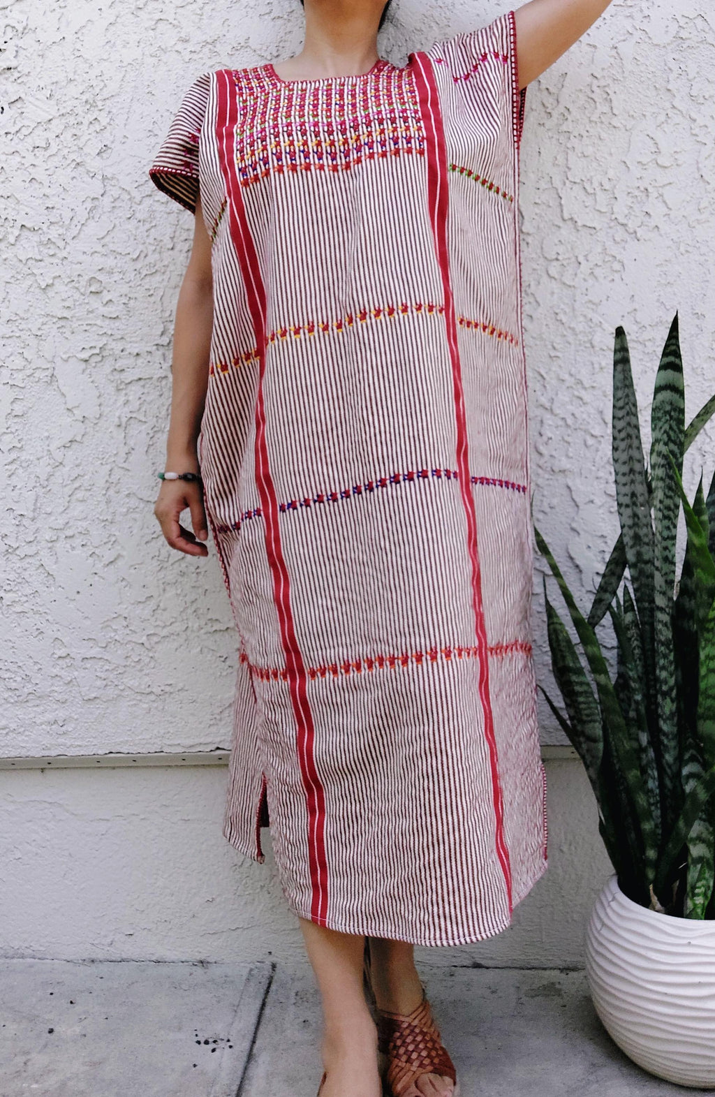 Tacuate Backstrap loom Huipil dress, Oaxacan Embroidery Dress, Mexican Handmade artisian cotton dress.   O/S