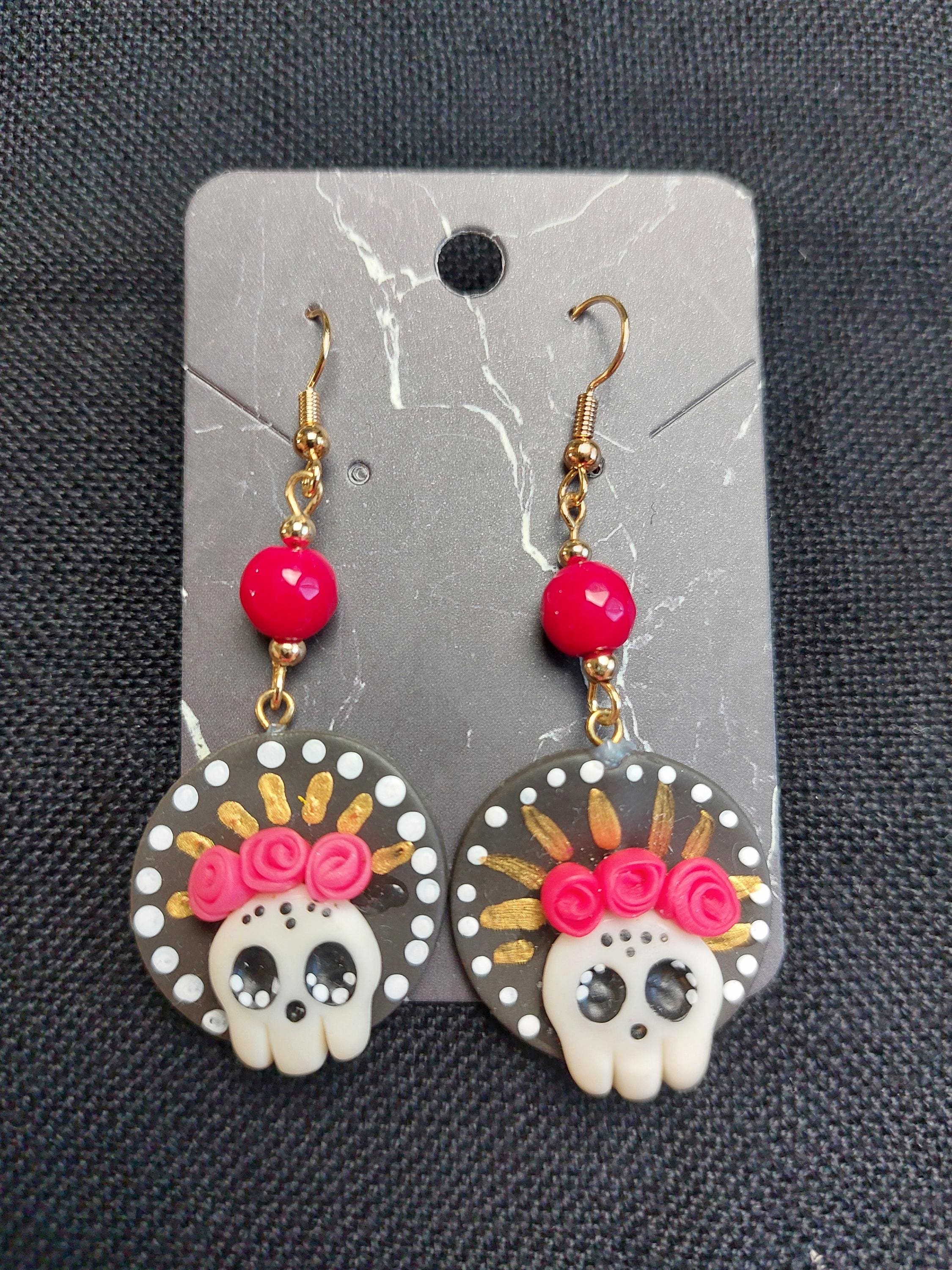 Handmade Cold Porcelain Earrings, Mexican Día de Muertos, Day of the Dead, Sugar skull.
