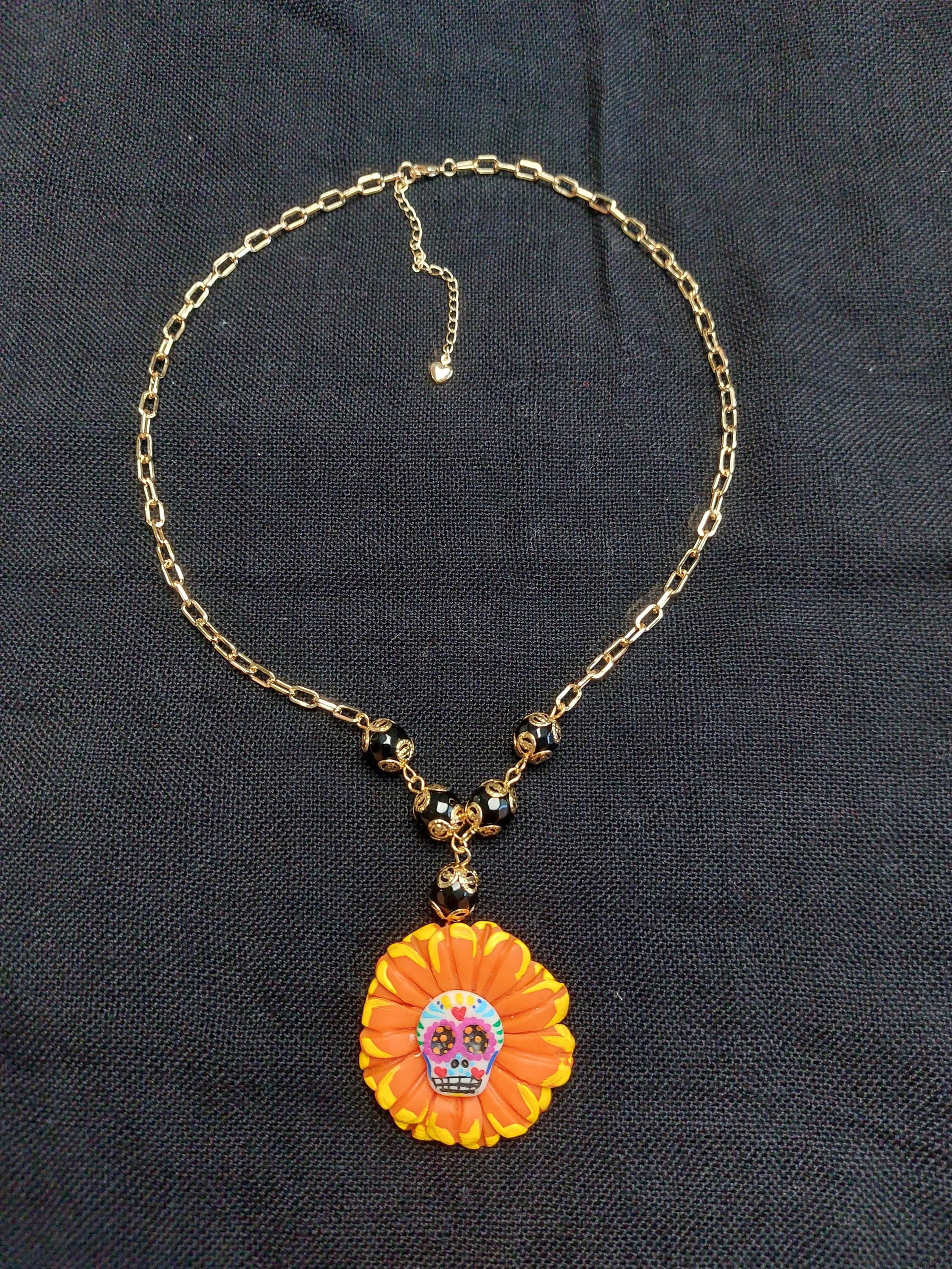 Handmade Cold Porcelain Earrings, Mexican Día de Muertos, Day of the Dead, Sugar skull, Cempasúchil