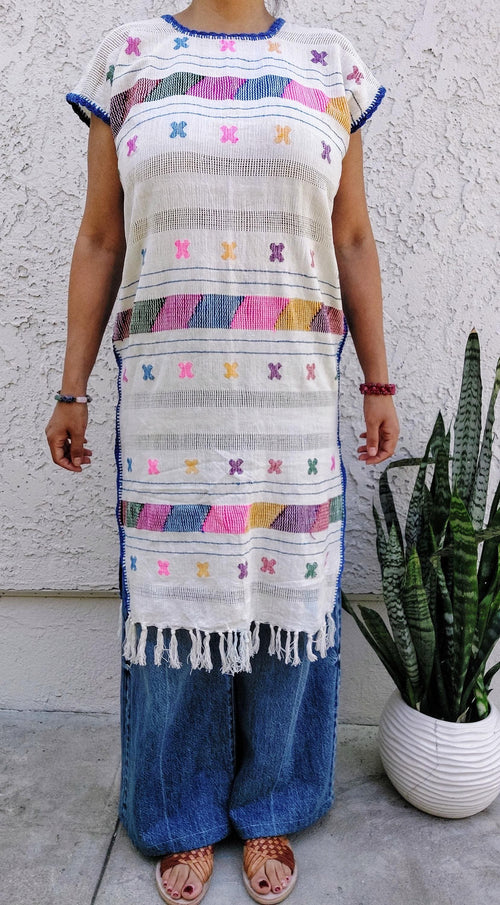 Backstrap loom Huipil, Amuzgo Huipil, Mexican Embroidery dress, Oaxacan dress  Handcrafted dress, Summer-spring, Multi color, Cotton S/M