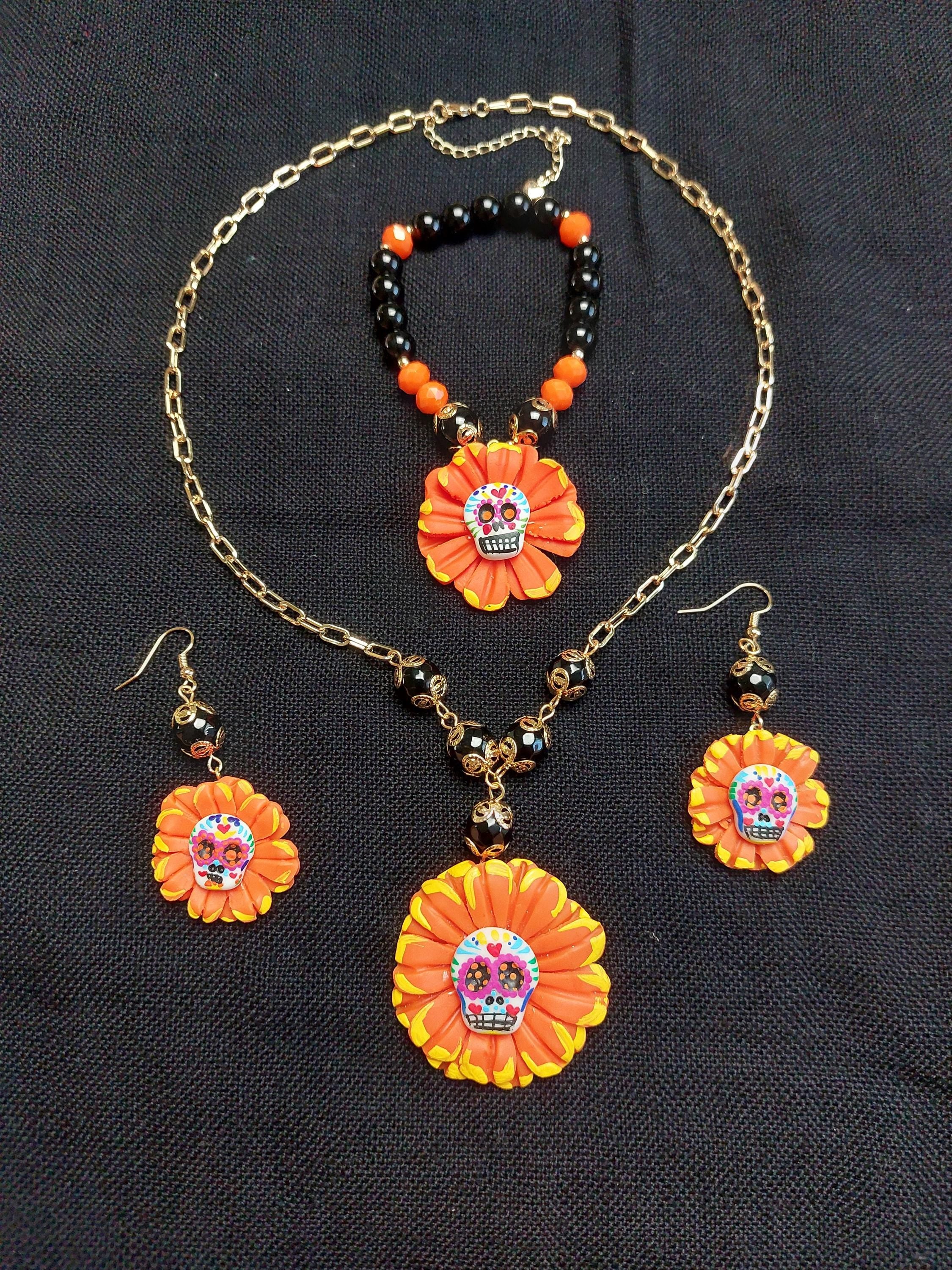 Handmade Cold Porcelain Earrings, Mexican Día de Muertos, Day of the Dead, Sugar skull, Cempasúchil