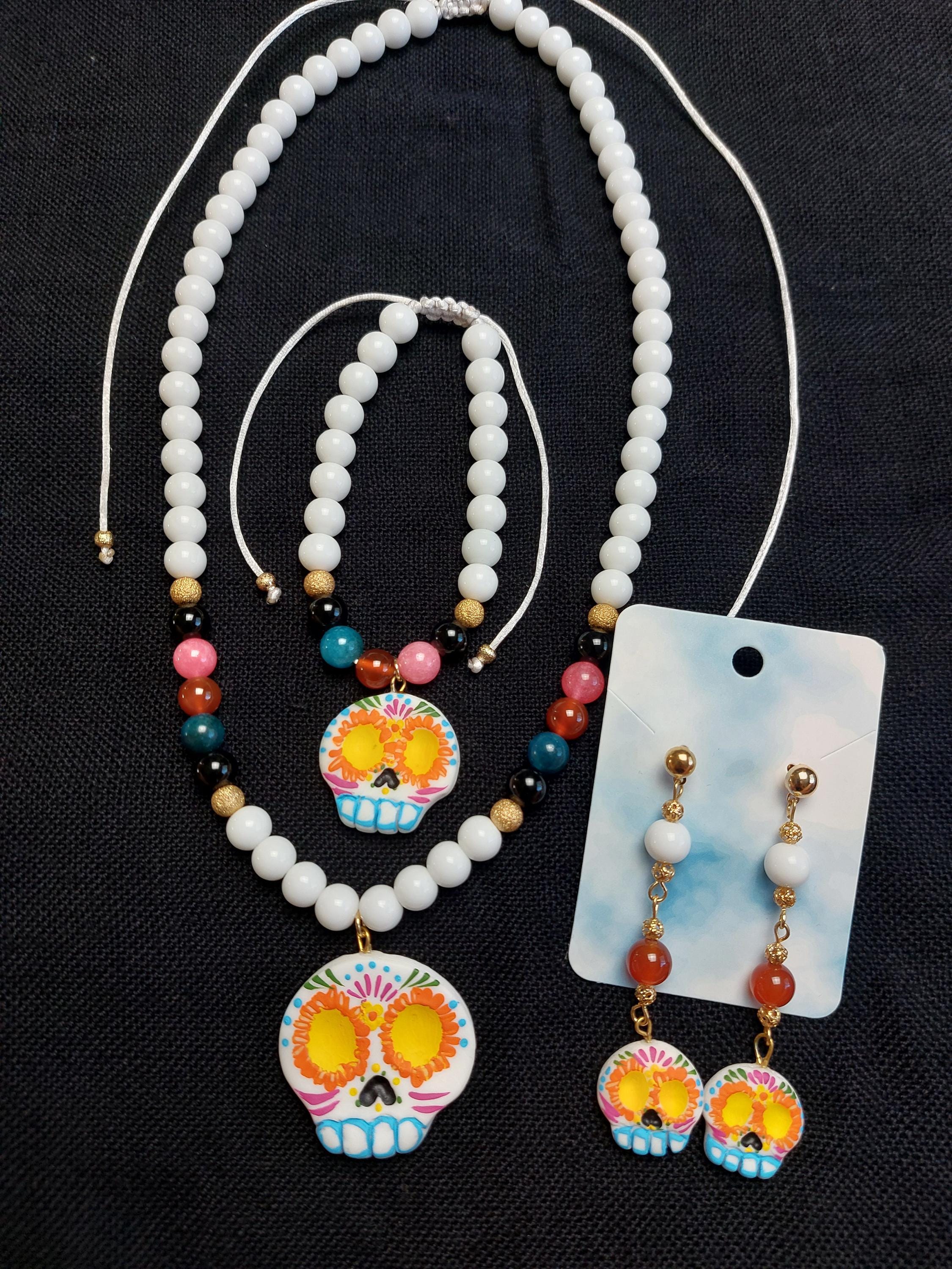 Handmade Cold Porcelain Earrings, necklace, bracelet, Mexican Día de Muertos, Day of the Dead, Sugar skull.