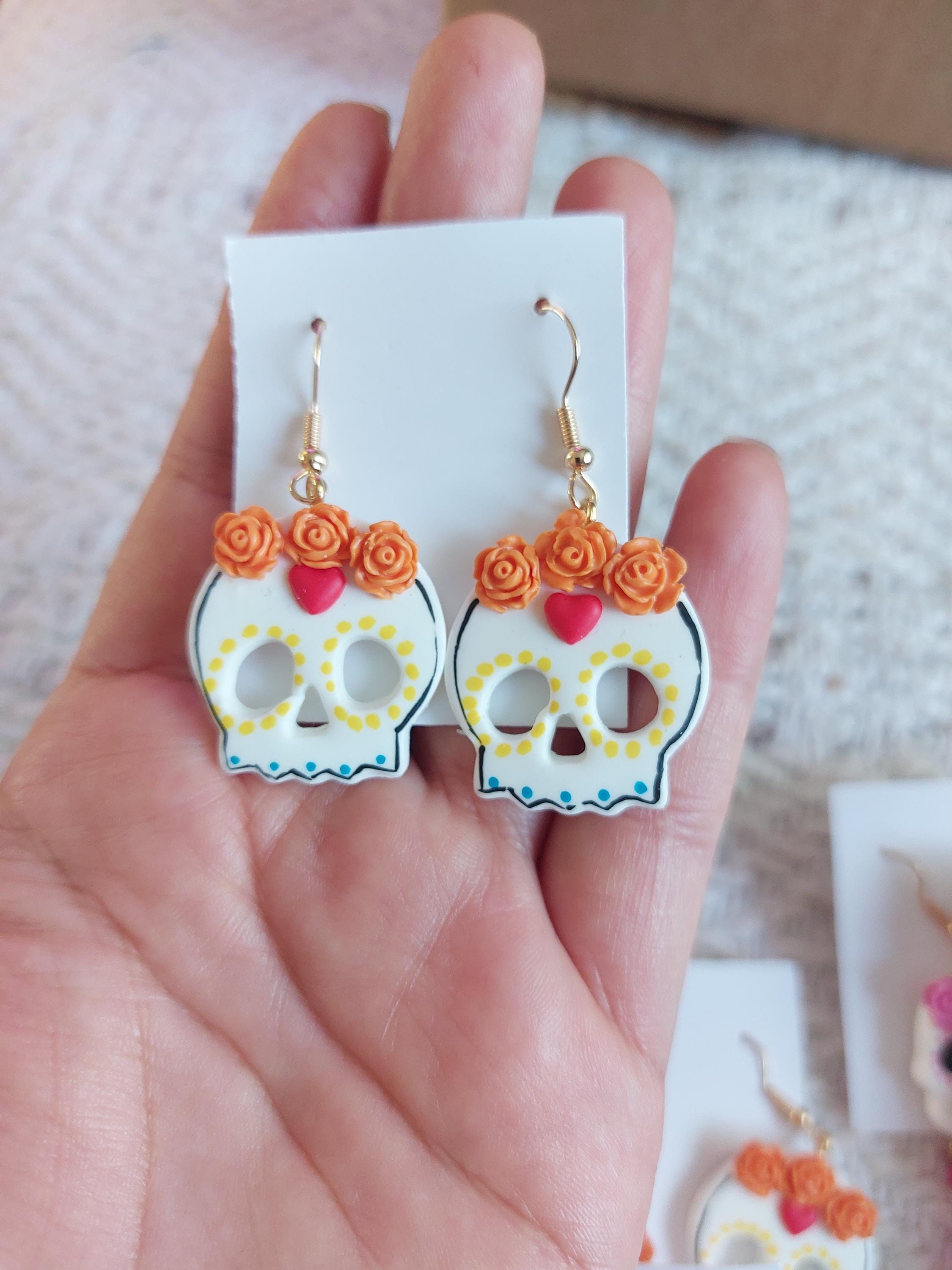 Handmade Cold Porcelain Earrings, Mexican Día de Muertos, Day of the Dead, Sugar skull.
