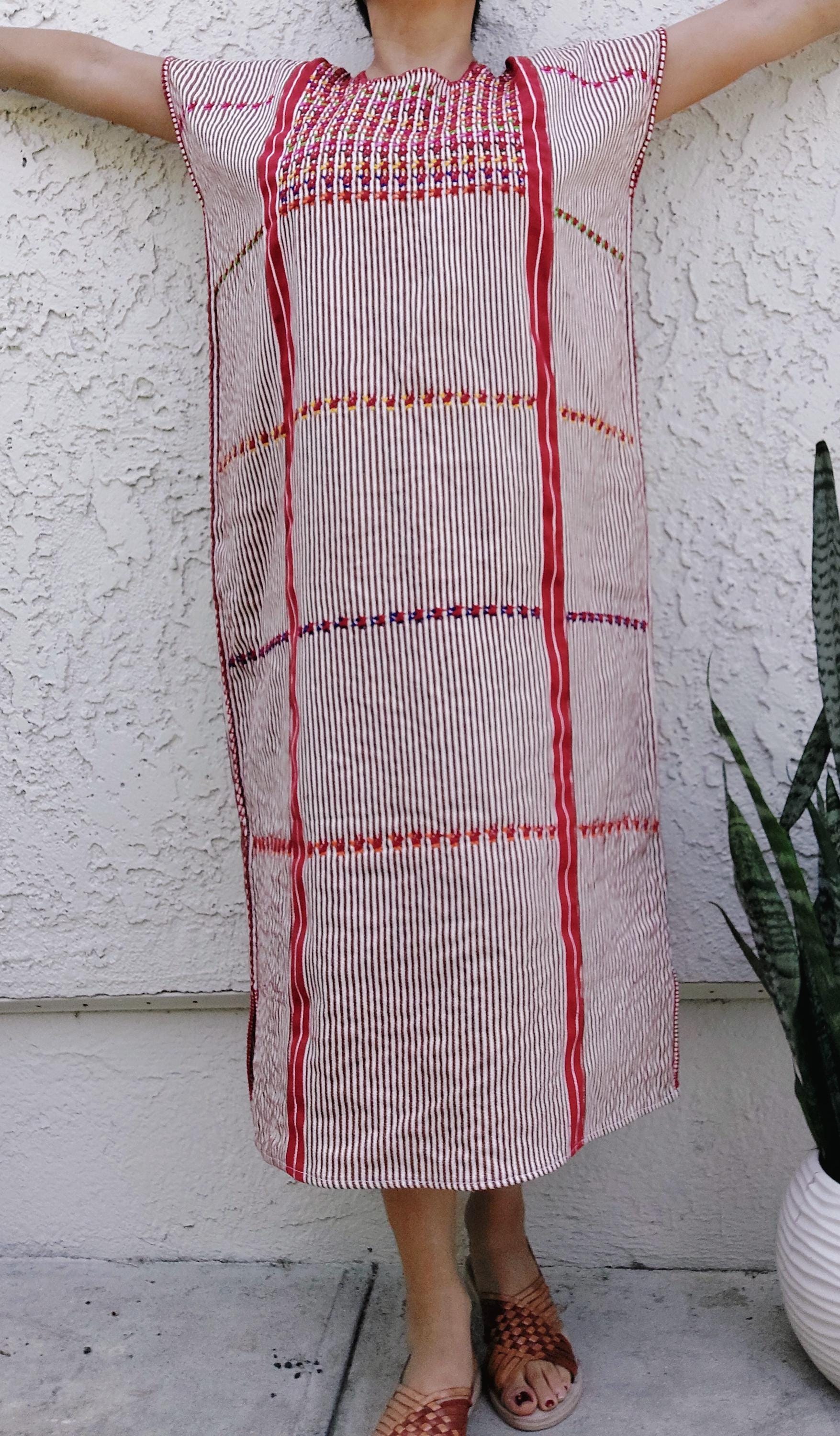Tacuate Backstrap loom Huipil dress, Oaxacan Embroidery Dress, Mexican Handmade artisian cotton dress.   O/S