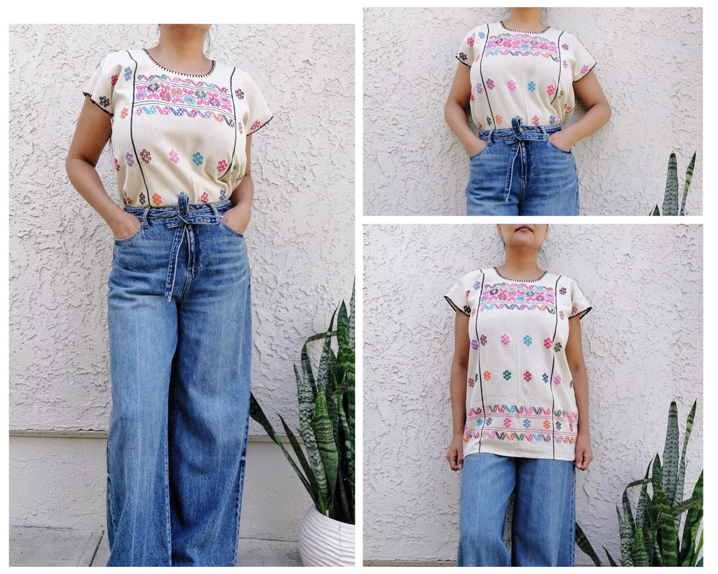 Backstrap loom Huipil, short Amuzgo Huipil, Embroidery Mexican top,  Artisian Oaxacan top, Handmade Artisian top, Handcrafted top.   S/M