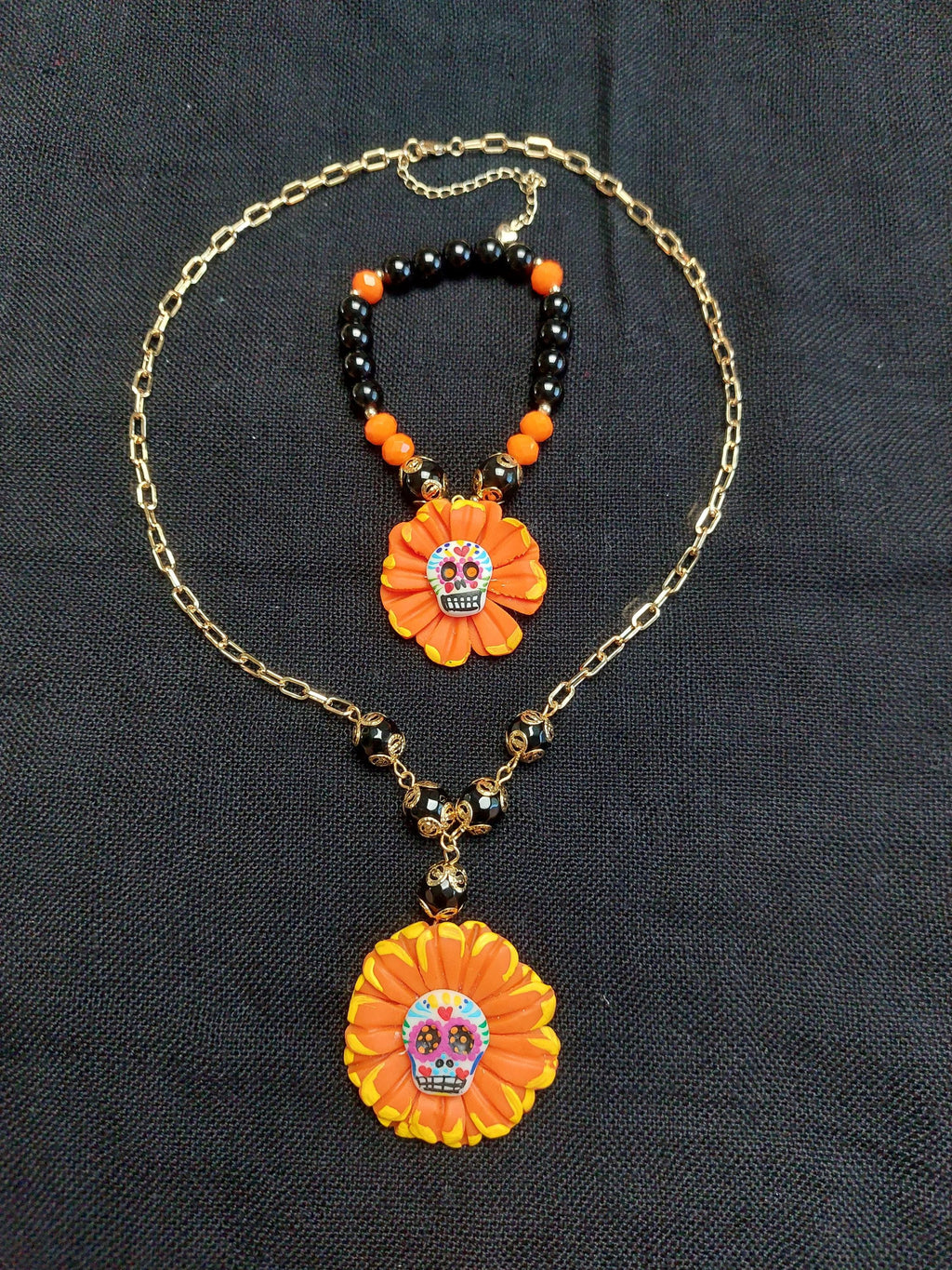 Handmade Cold Porcelain Earrings, Mexican Día de Muertos, Day of the Dead, Sugar skull, Cempasúchil