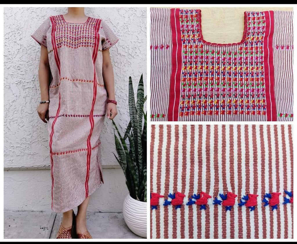 Tacuate Backstrap loom Huipil dress, Oaxacan Embroidery Dress, Mexican Handmade artisian cotton dress.   O/S