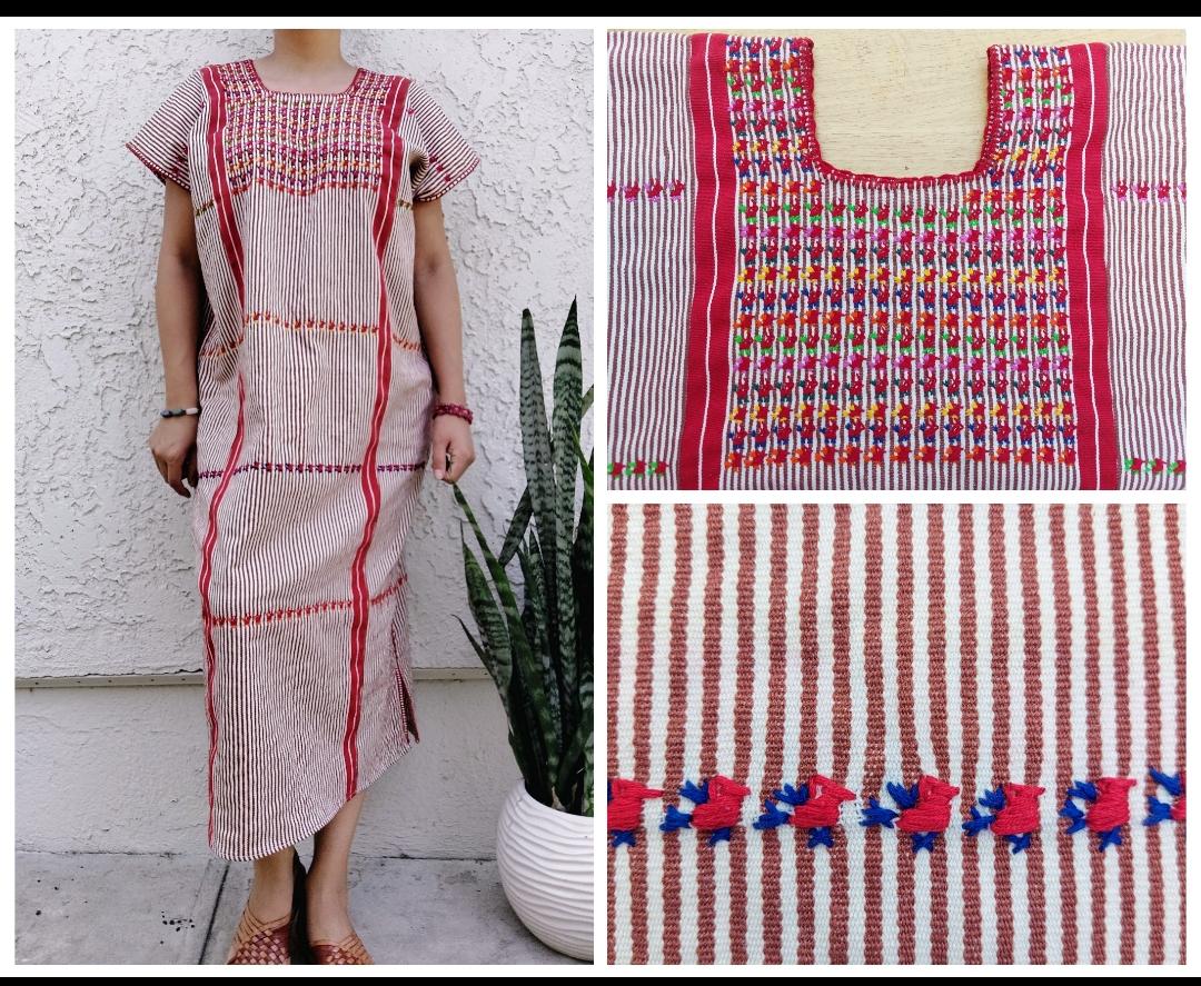 Tacuate Backstrap loom Huipil dress, Oaxacan Embroidery Dress, Mexican Handmade artisian cotton dress.   O/S