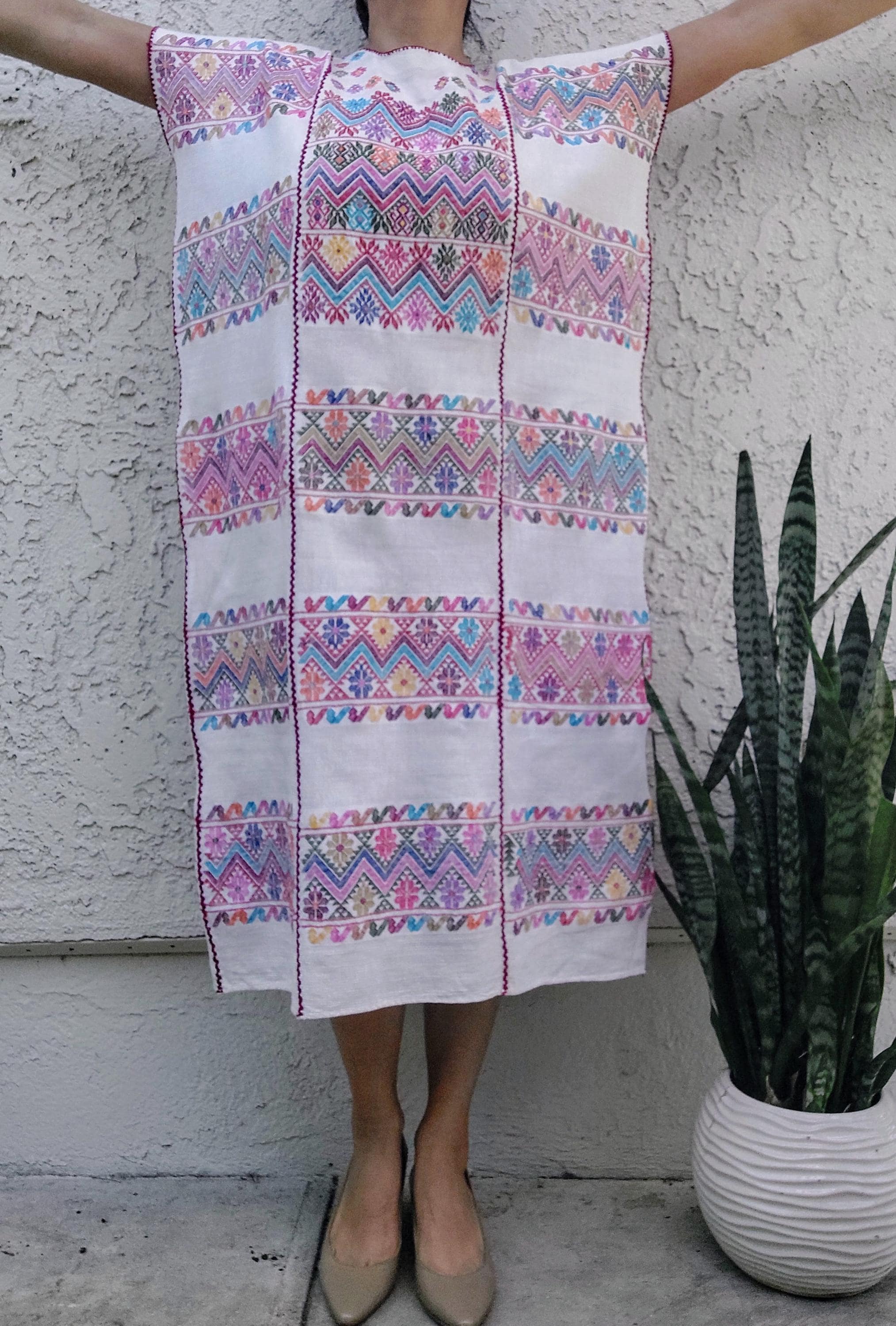 Backstrap loom Huipil, Embroidery Long Mexican dress, Amuzgos, Guerrero.  O/S