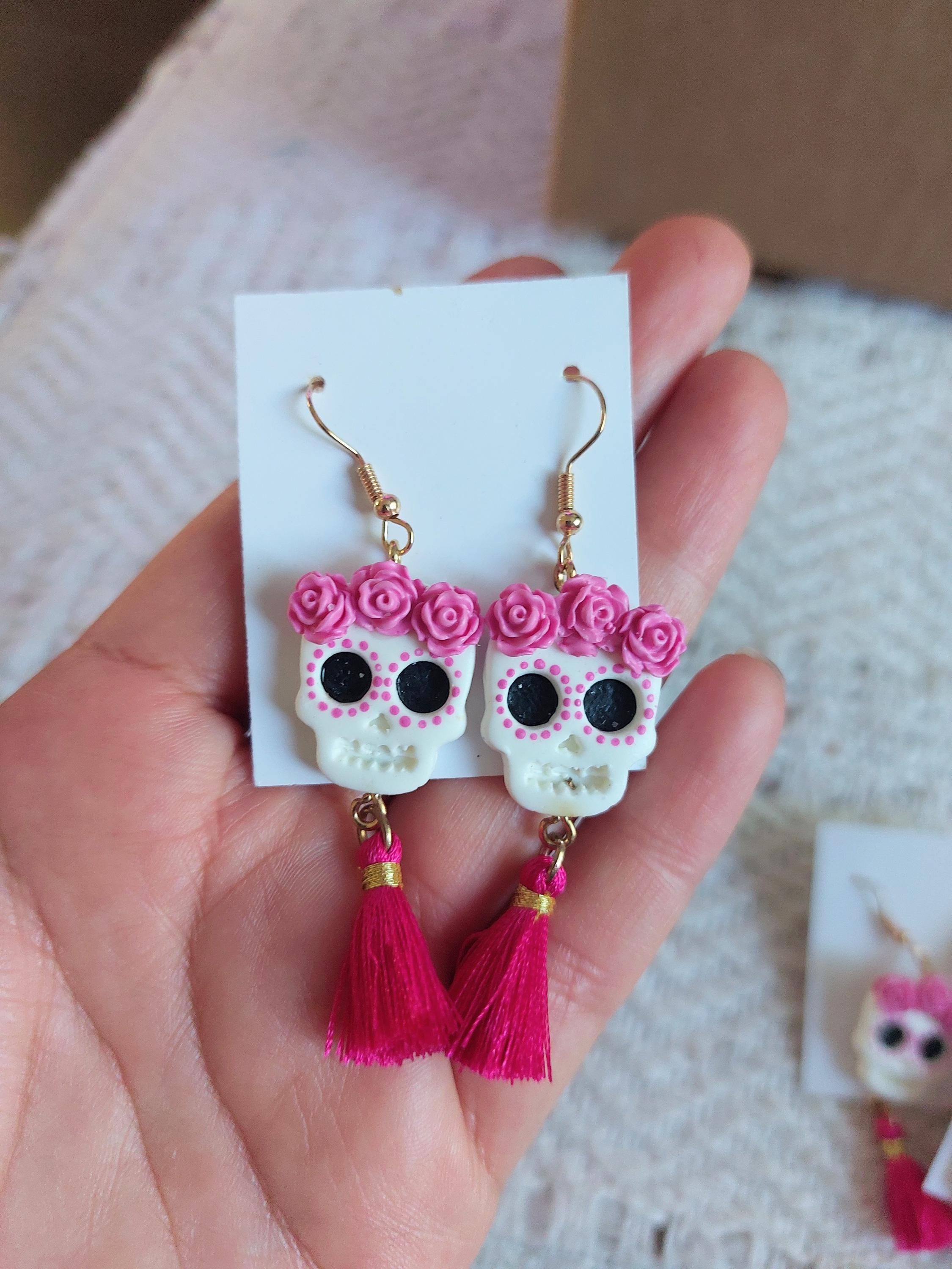 Handmade Cold Porcelain Earrings, Mexican Día de Muertos, Day of the Dead, Sugar skull.